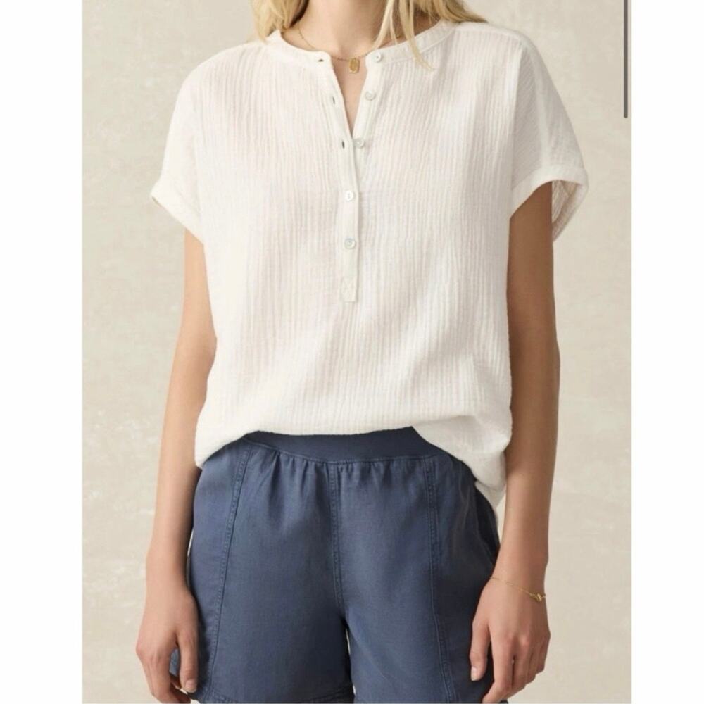 Faherty Dream Cotton Gauze Desmond Popover Top White Medium